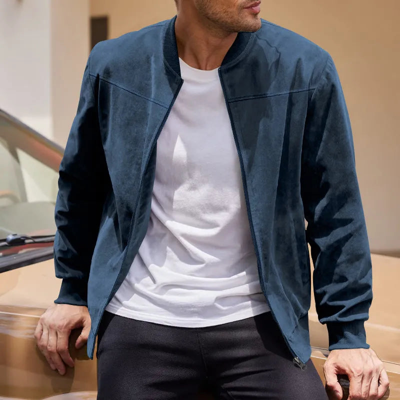 Men's casual retro long sleeve cardigan jacket in army green colour made from suede fabric with round hem