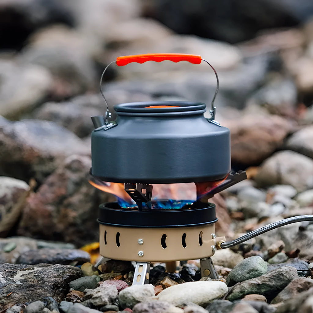 Portable windproof camping gas stove holder set in dark khaki, with cloth bag, for cookouts with 3-5 people.