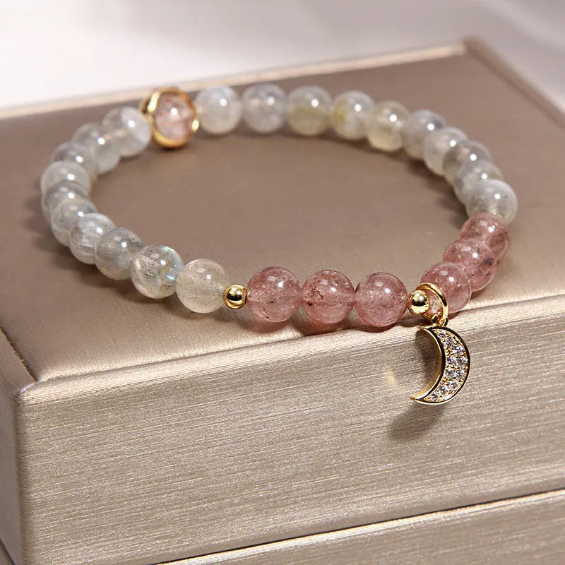 Natural garnet multi-layer crystal bracelet with strawberry quartz, moonstone, and pendant details in Korean light luxury style