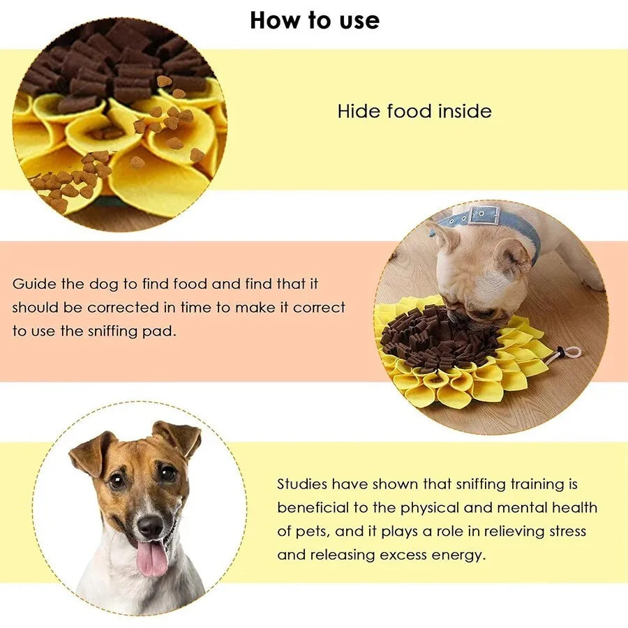 Yellow sunflower-shaped dog snuffle mat with fabric folds for hiding treats.