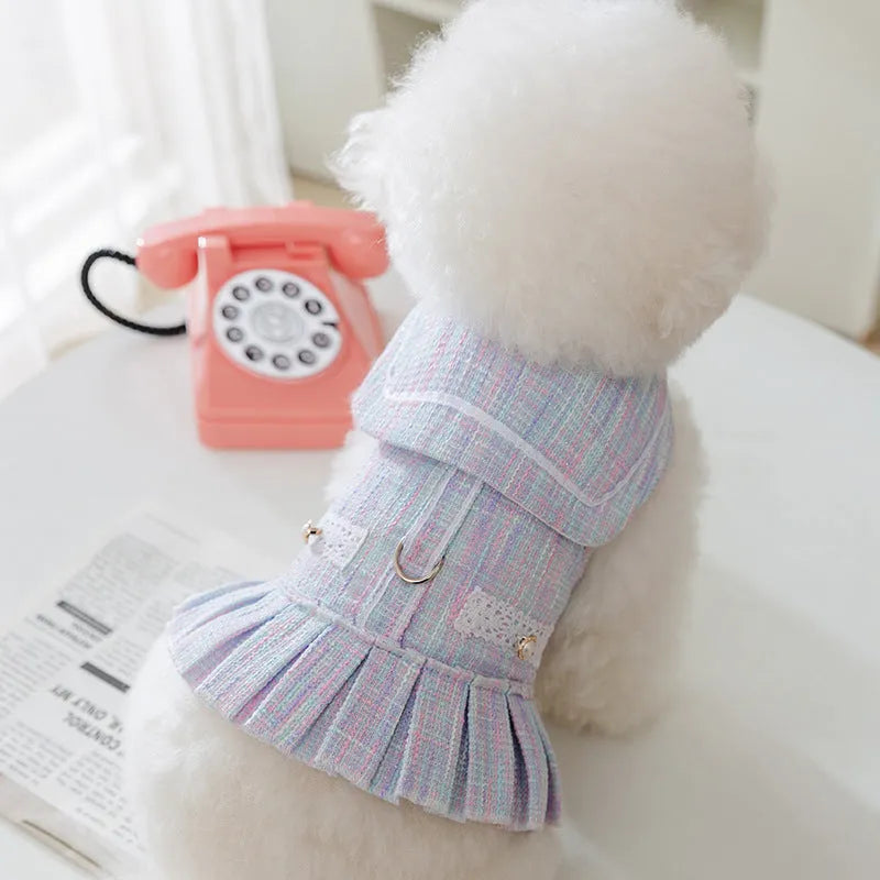 Purple and pink polyester jumper pet clothing for small dogs and cats, shown in sizes S, M, L, XL.