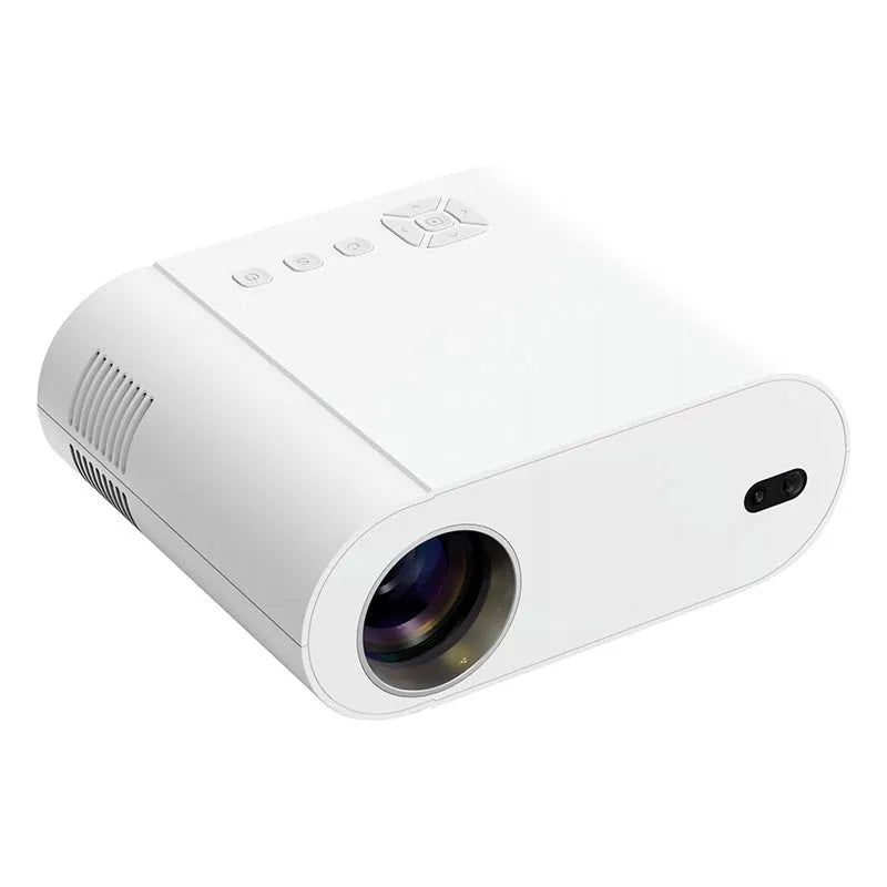 White Full HD smart projector with remote control on wooden surface