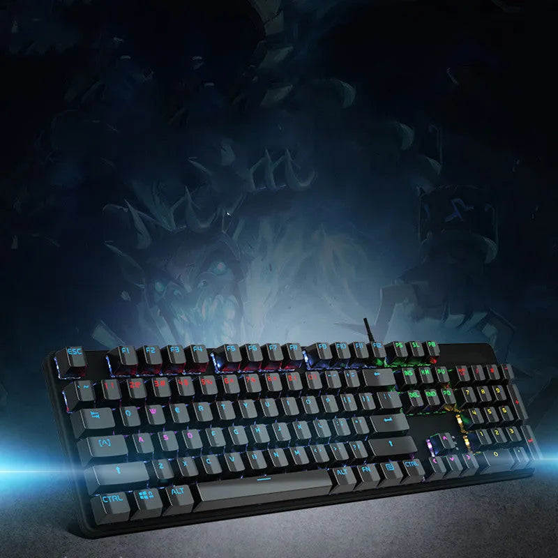 AOC GK410 mechanical keyboard with 104 keys, metal frame, and backlit keys on a desktop.
