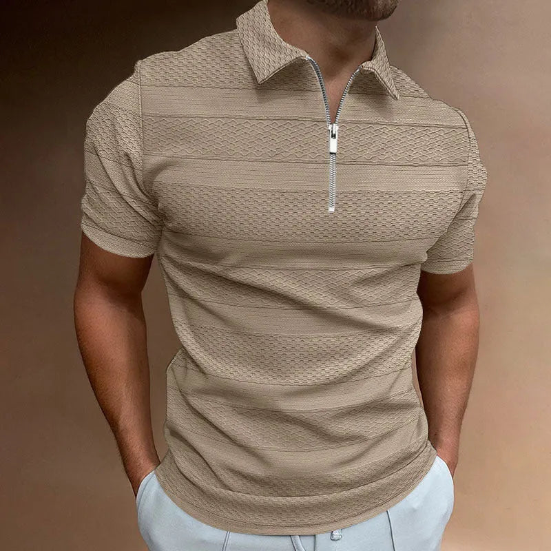 Men's solid colour short-sleeve jacquard lapel top with zipper decorations, available in five colours
