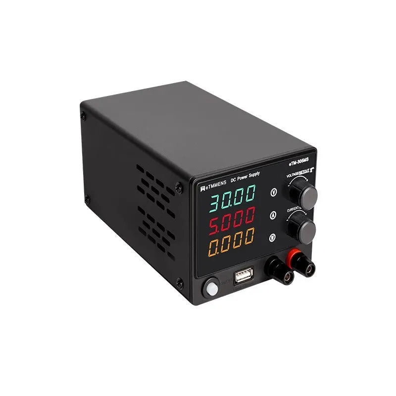 DC regulated power supply 30V 5A 150W with LED display and protection features on workbench