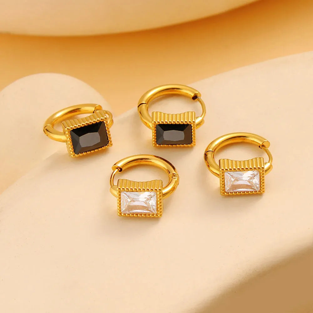 Square geometric earrings with zircon accents in stainless steel