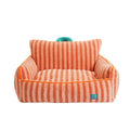 Striped soft velvet dog bed with removable cover in orange, purple, and yellow colour options.