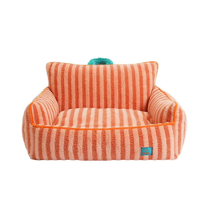 Striped soft velvet dog bed with removable cover in orange, purple, and yellow colour options.