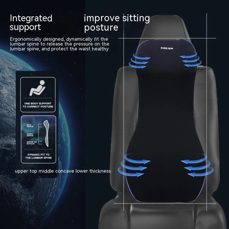 Automotive memory foam cushion with integrated headrest and lumbar support in multiple colour options