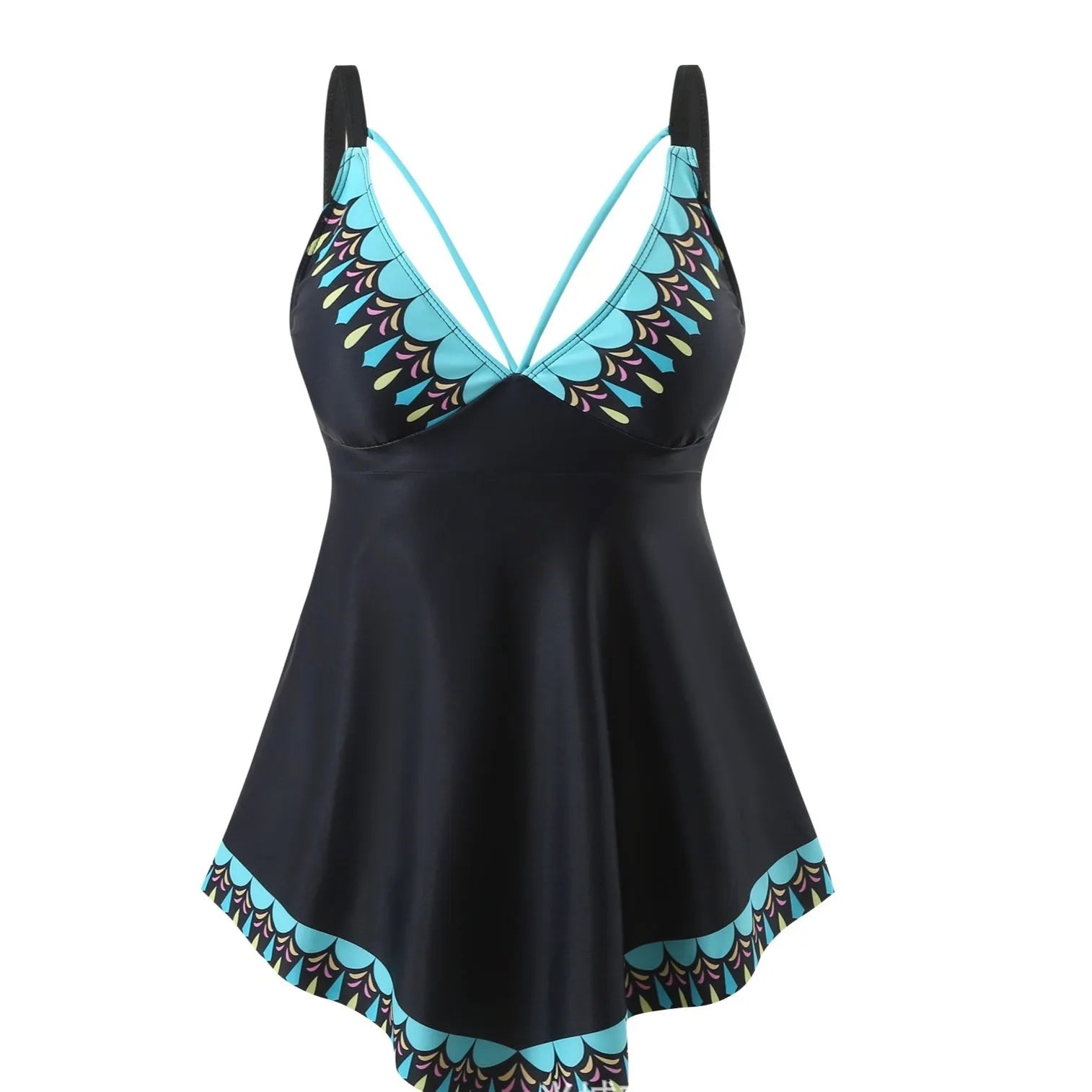 Plus size women's two-piece bikini swimsuit in dark blue, showing backless design.