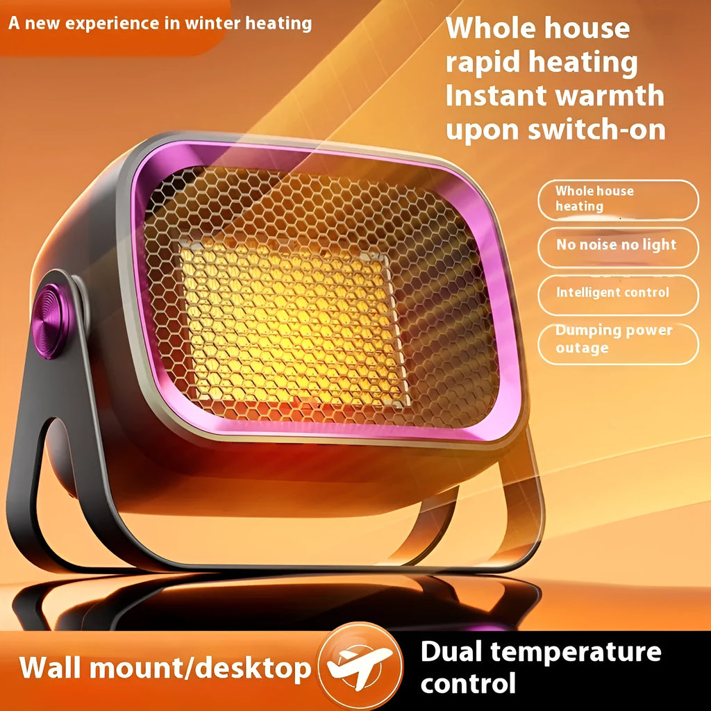 Compact white PTC ceramic desktop electric heater with control buttons and a directional grille.