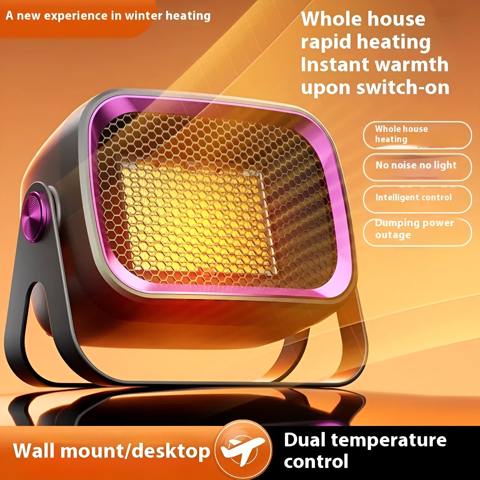 Compact white PTC ceramic desktop electric heater with control buttons and a directional grille.