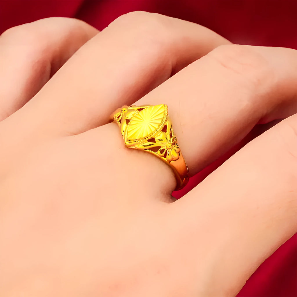 Gold electroplated brass open diamond flower ring with geometric texture