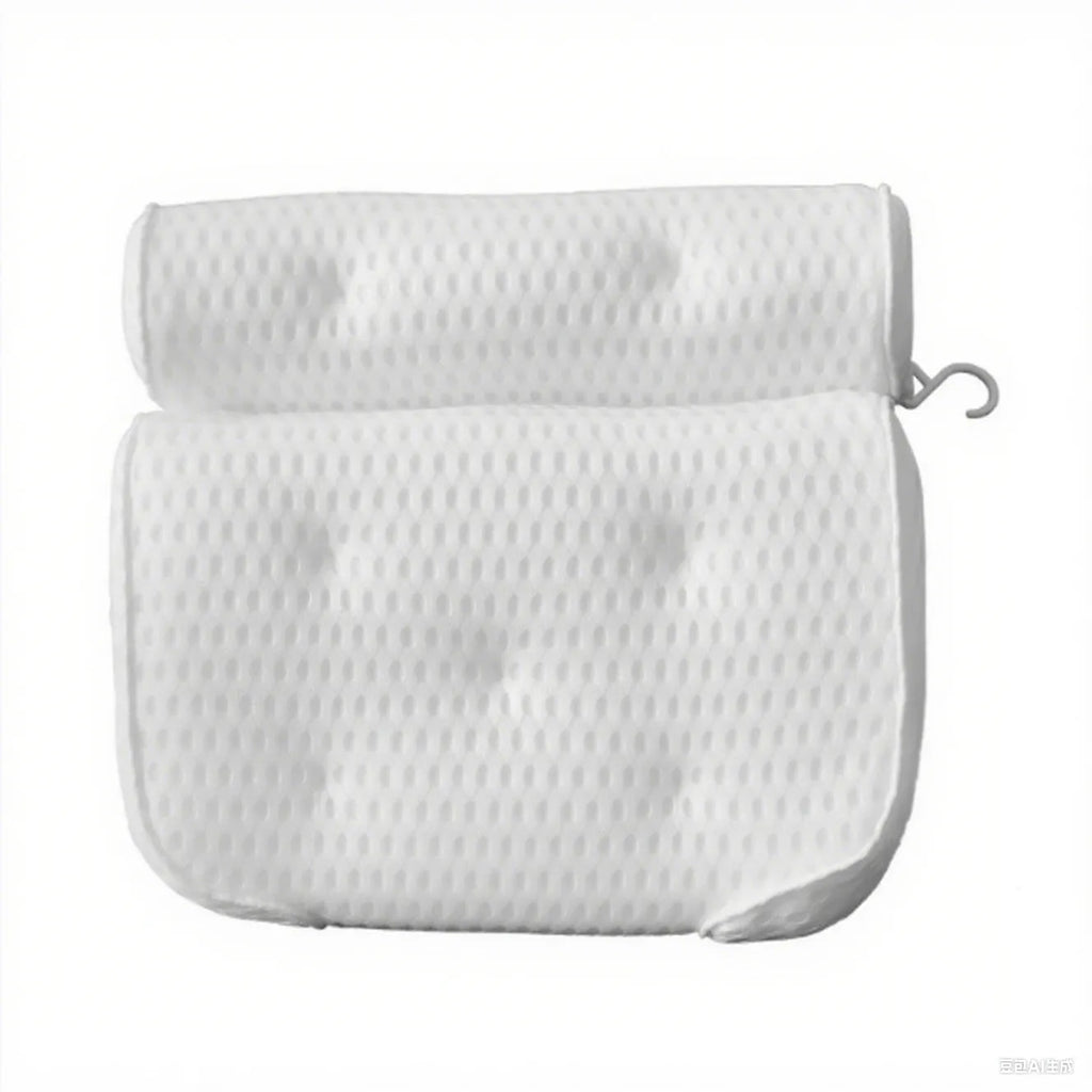 White bathtub pillow with 4D mesh fabric and seven large suction cups on a flat surface.