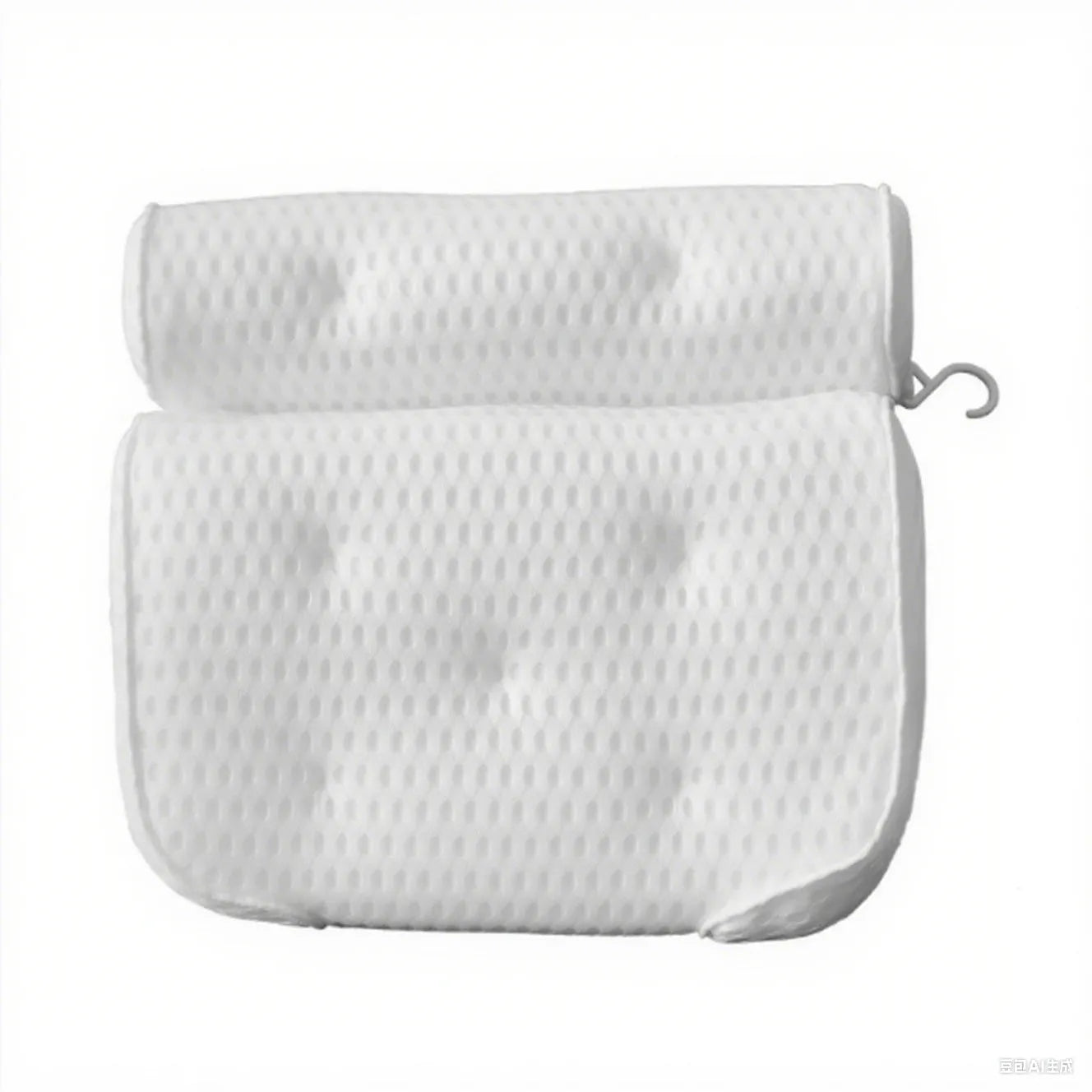 White bathtub pillow with 4D mesh fabric and seven large suction cups on a flat surface.