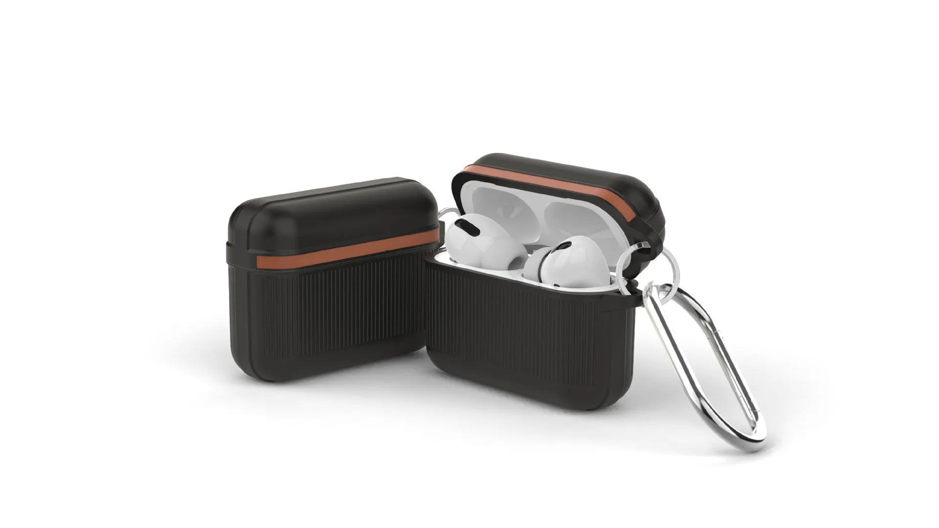 Silicone clamshell protective case for Apple AirPods in various colours showing split design and metal buckle.