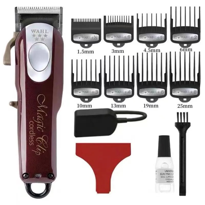 Hair clippers set with stainless steel cutter head showing EU UK US plug compatibility for adult and child use