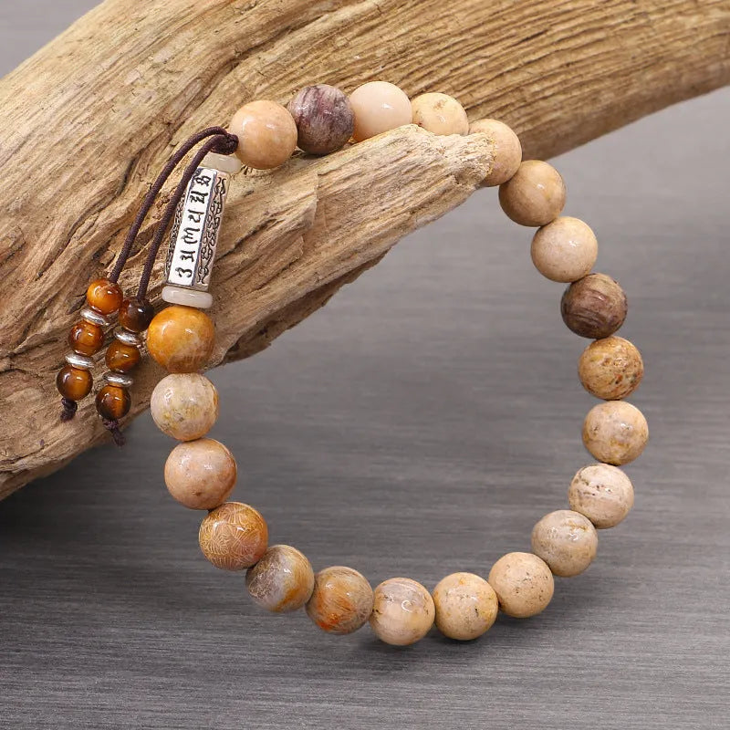Wood colour stone bead bracelet with original design in retro simple style