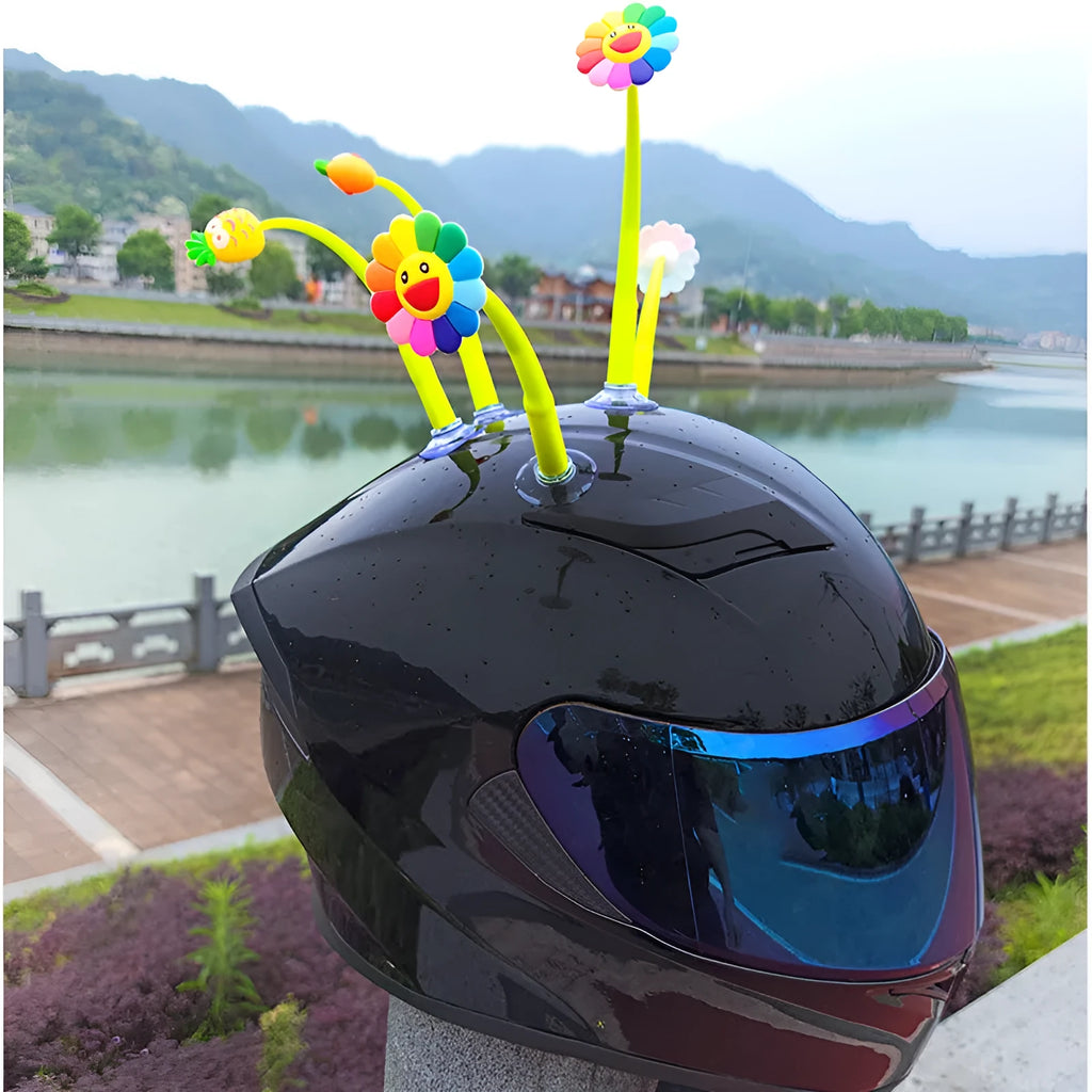 Swinging sunflower silicone decoration with suction cup for helmet attachment
