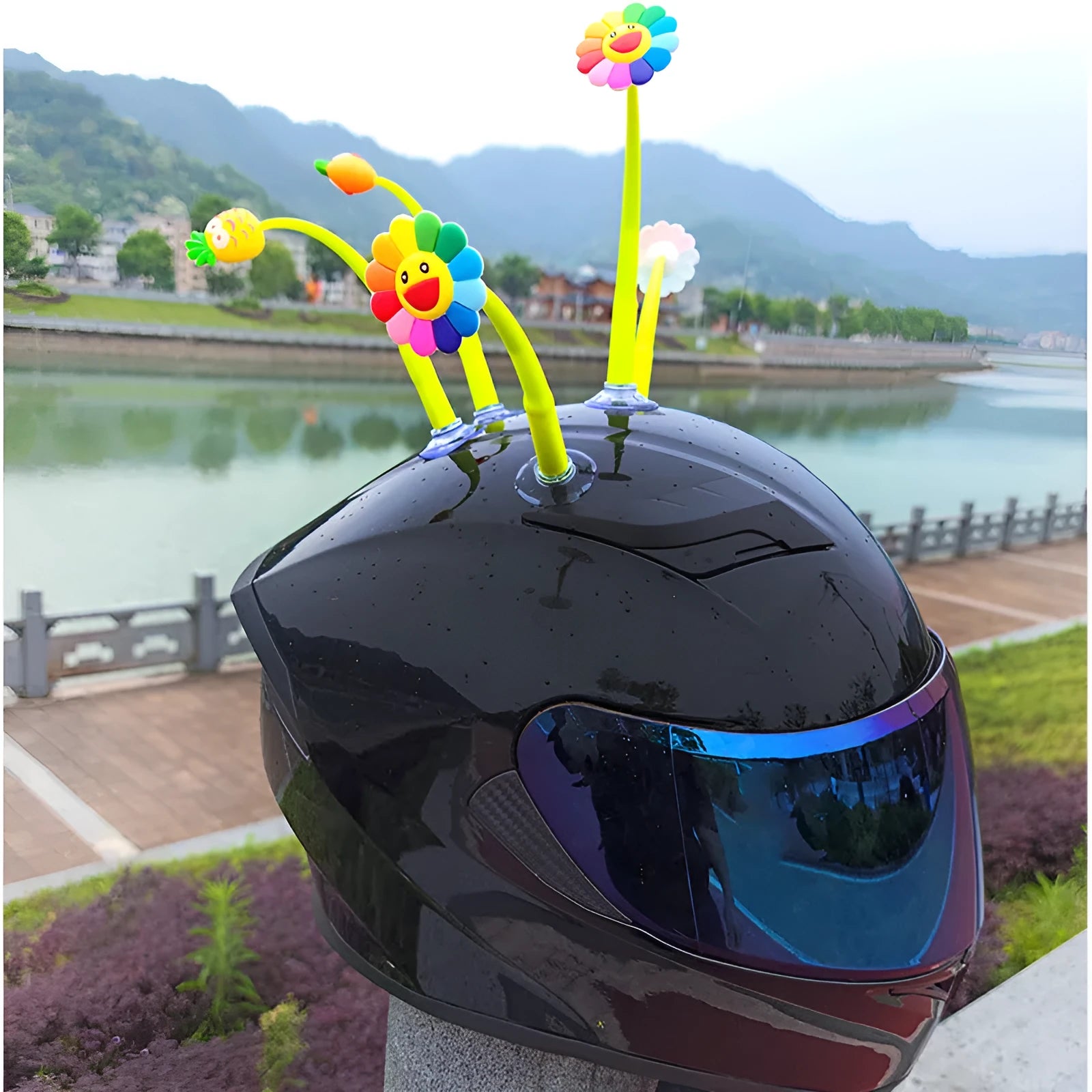 Swinging sunflower silicone decoration with suction cup for helmet attachment