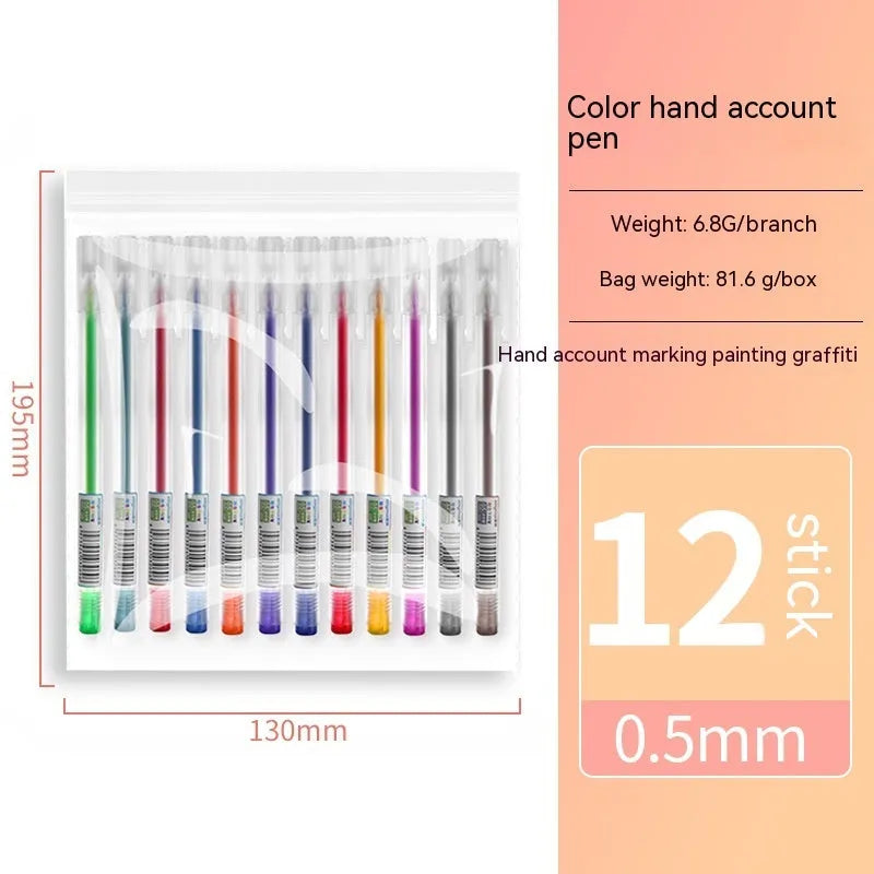 Set of twelve assorted colour gel pens with 0.5mm tips and plastic shells.