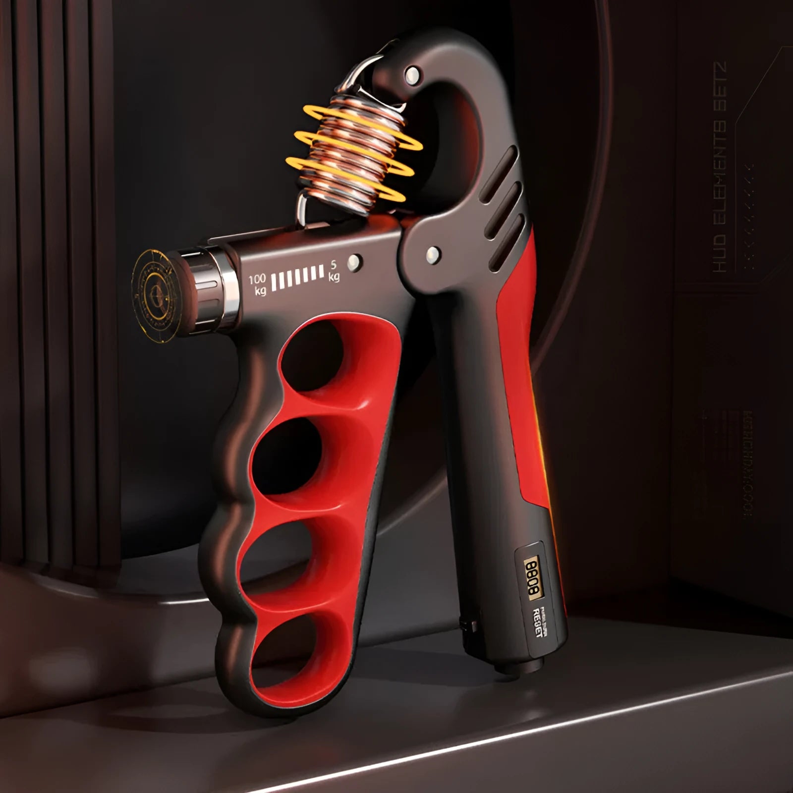 Adjustable electronic count spring grip in PP plastic with digital display.