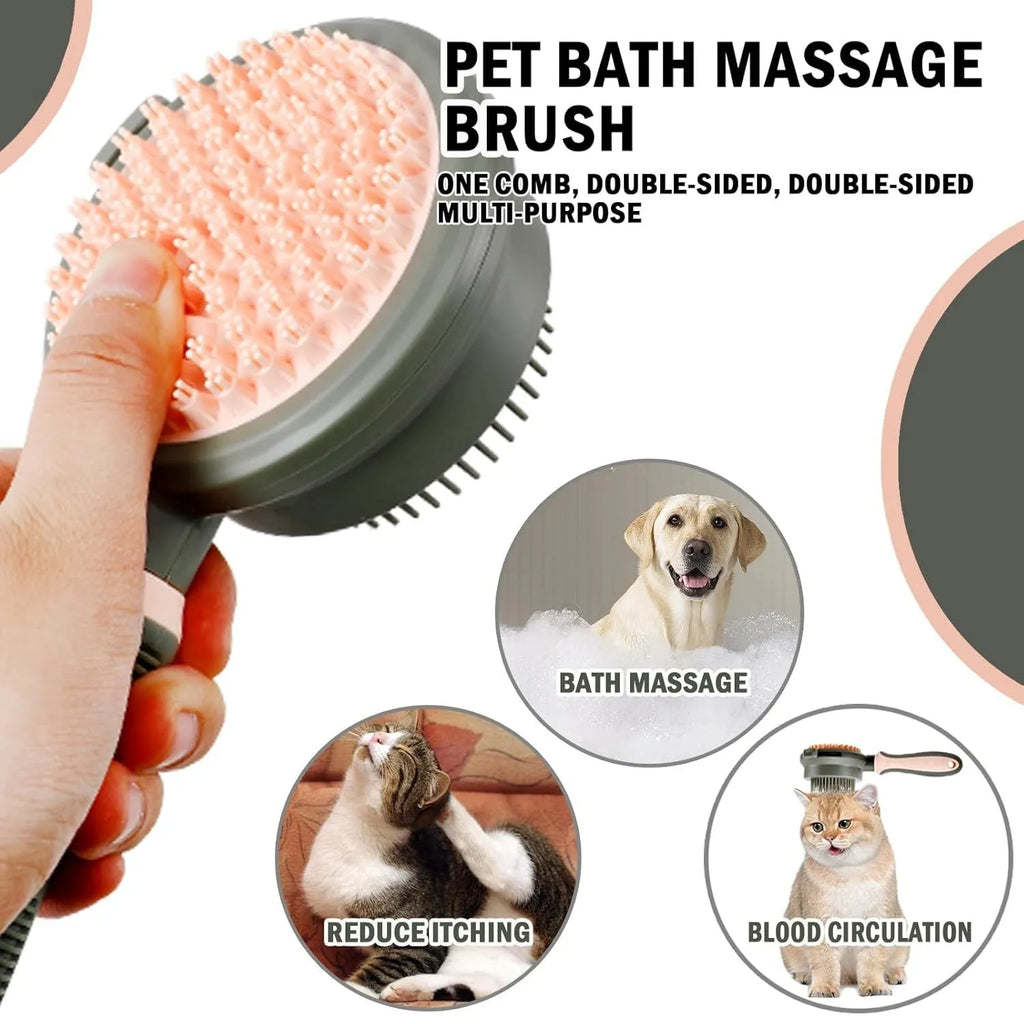 Double-sided cat brush with release button and included flea comb for pet grooming