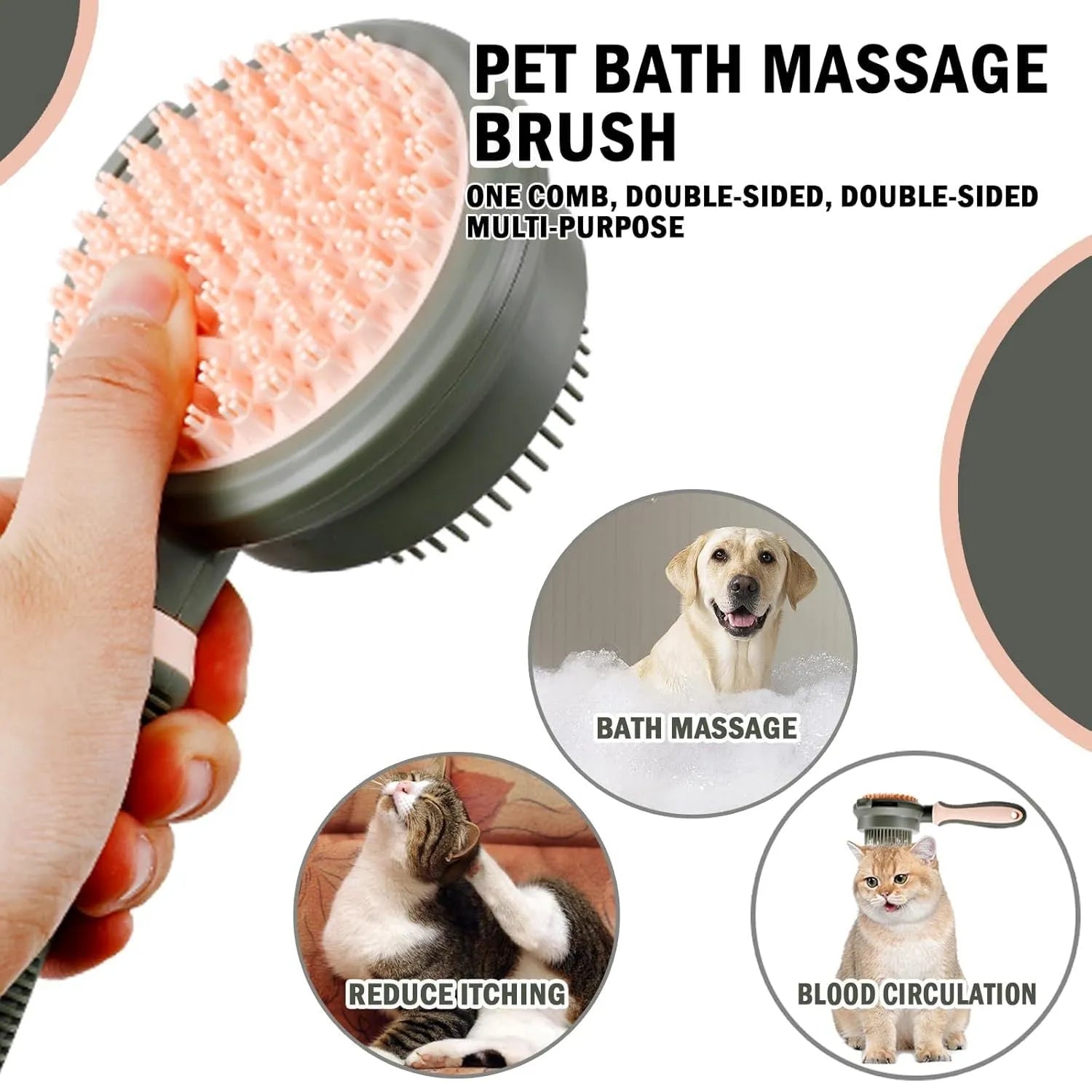 Double-sided cat brush with release button and included flea comb for pet grooming