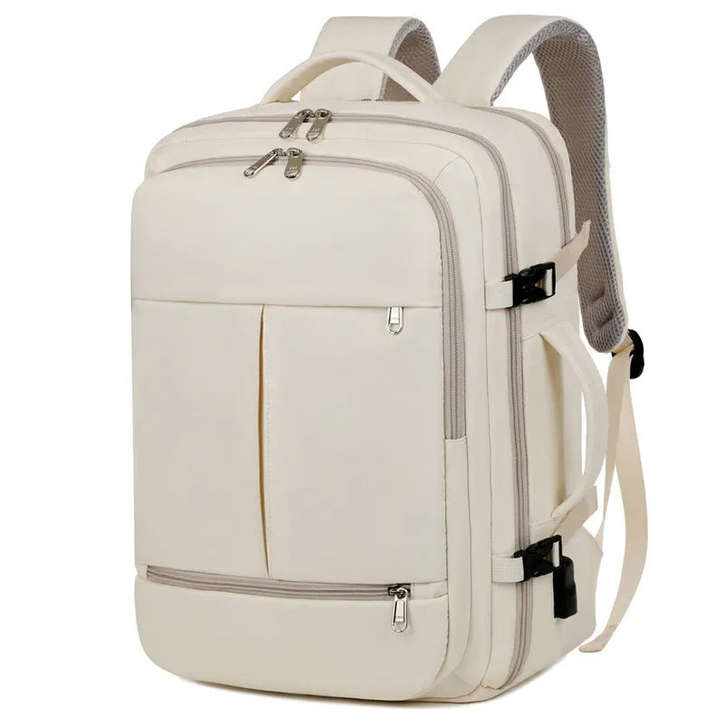 Waterproof Oxford cloth backpack in colour options showing multiple pockets and zippers, sized for a 15.6 inch laptop.
