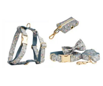Blue floral polyester cotton dog collar set with matching leash, vest, bow and accessories