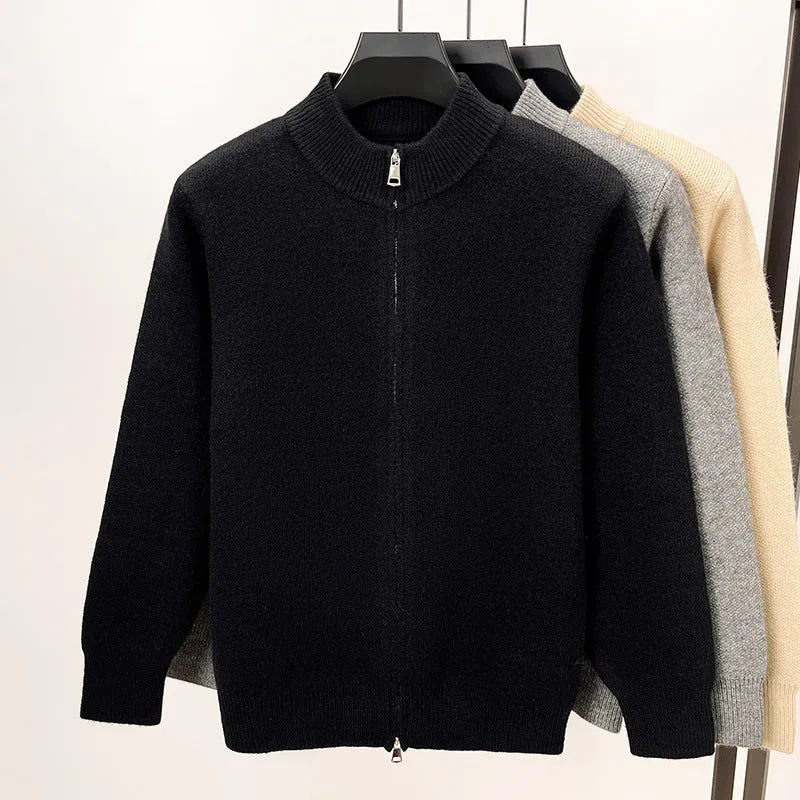 Men's stand collar knitted zipper cardigan in black, grey, or beige with loose fit