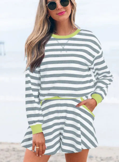 Black stripe contrast ribbed banding cotton elastane blouse and shorts set