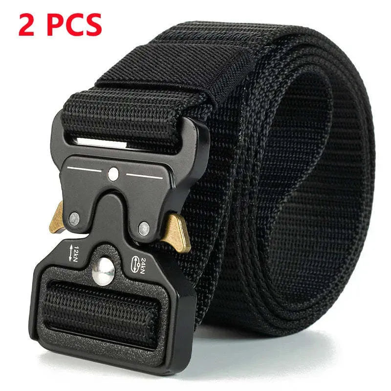 Men's thick canvas tactical belt with alloy release buckle in black colour, showing weaving flowers texture