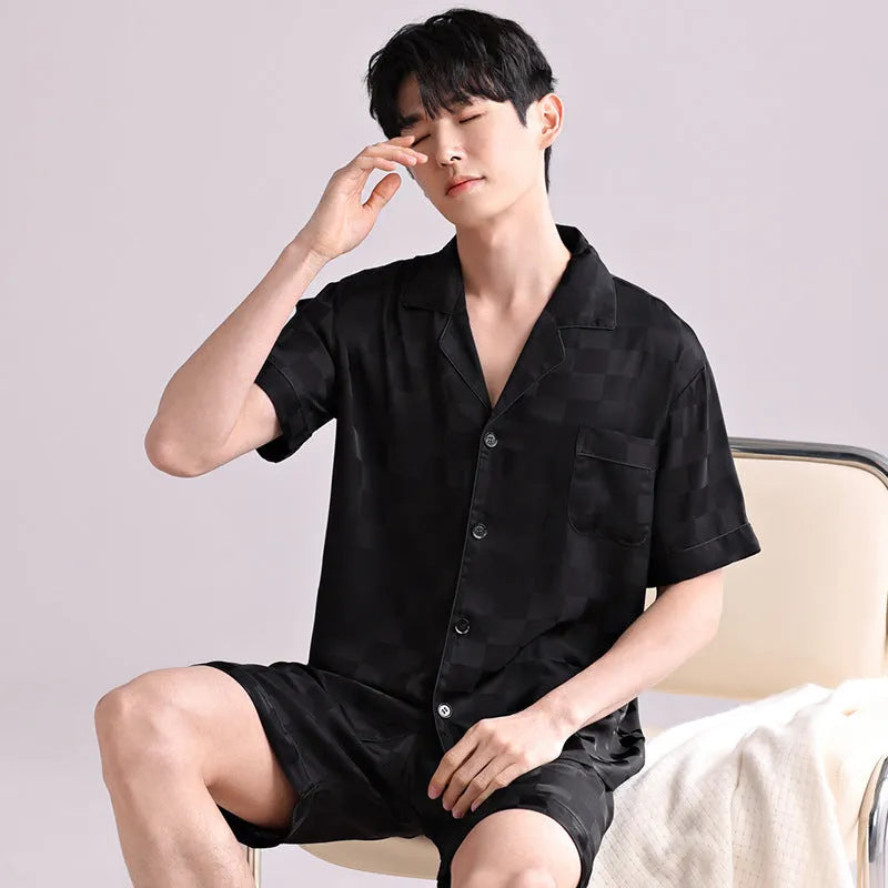 Men's lightweight ice silk pajama set in cardigan style with shorts and satin jacquard patterns