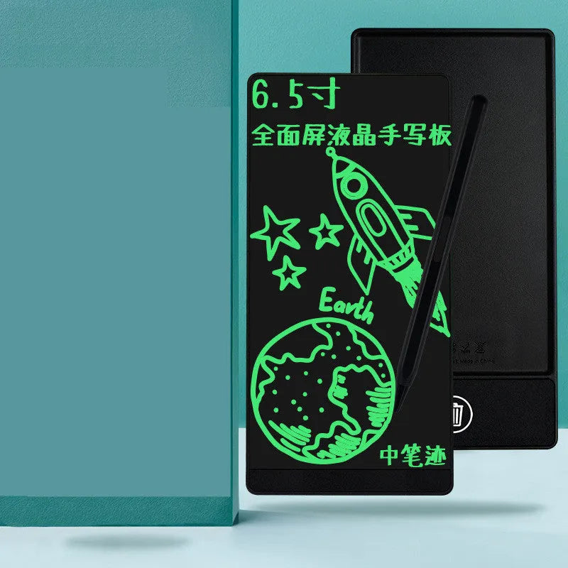Blue LCD writing board with stylus showing handwritten arithmetic on 6.5-inch screen
