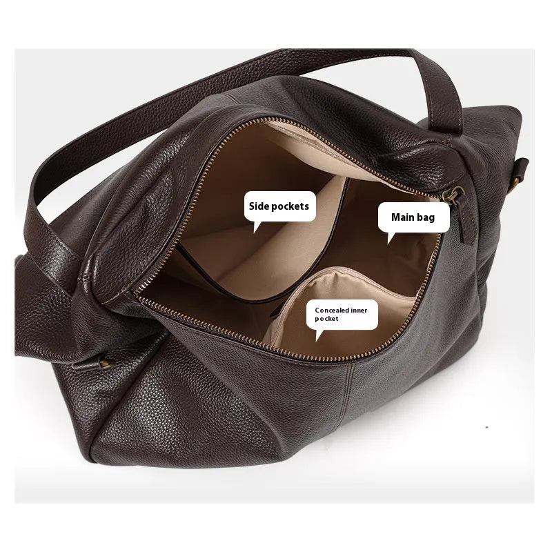 Brown genuine leather women's shoulder bag with square horizontal shape and zipper compartment
