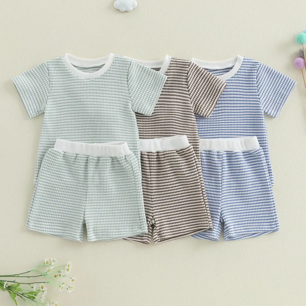 Baby and infant cotton striped short sleeve top and shorts suit in blue, green, and khaki colour options