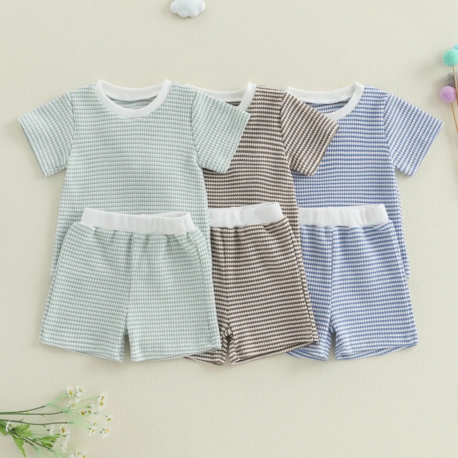 Baby and infant cotton striped short sleeve top and shorts suit in blue, green, and khaki colour options