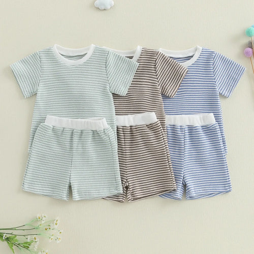 Baby and infant cotton striped short sleeve top and shorts suit in blue, green, and khaki colour options