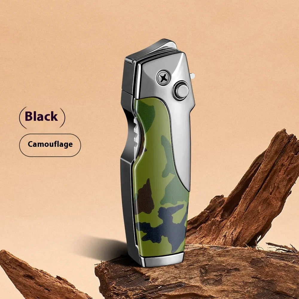 Metal folding outdoor lighter with integrated knife in a zinc alloy case, showing various colour options.