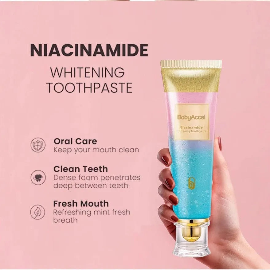 White and blue tube of nicotinamide whitening toothpaste for adults, 100g net content.