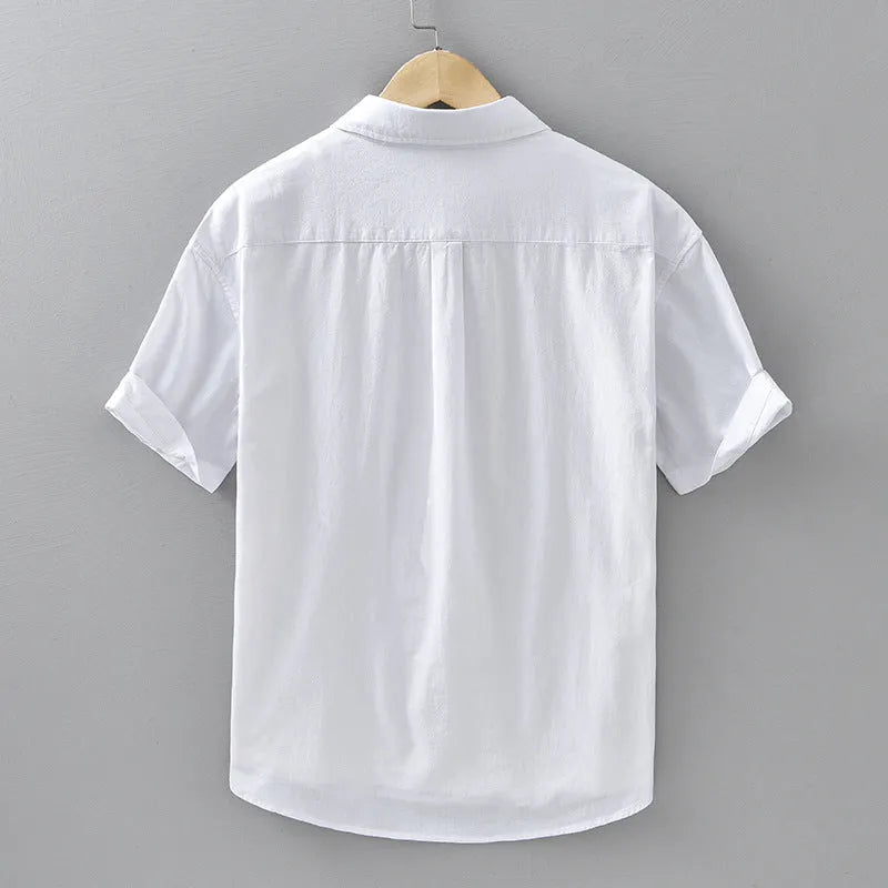 Men's casual short-sleeved pure cotton shirt in white, loose cardigan style