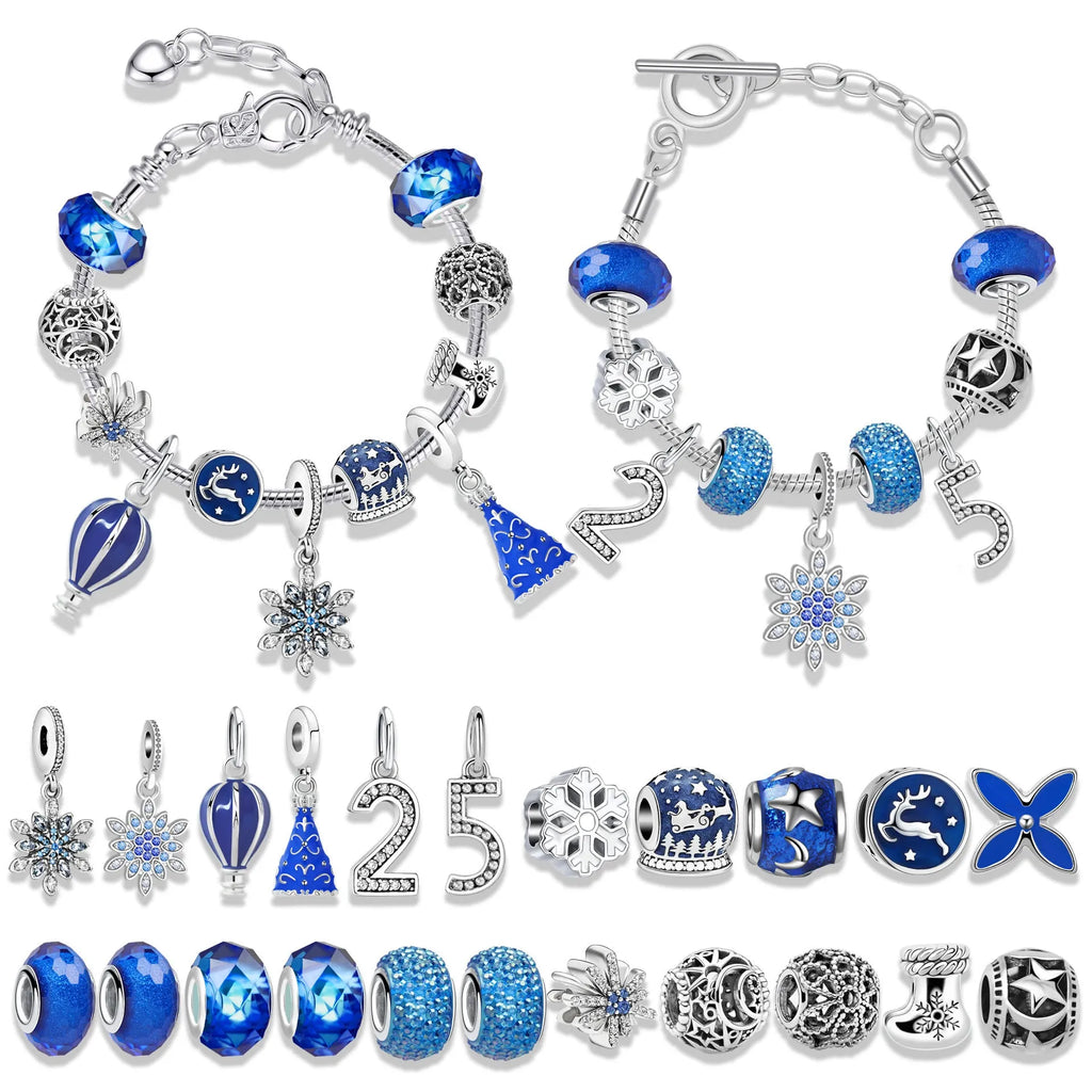 24 grid Christmas advent calendar countdown set with zinc alloy frame electroplated finish and bracelet blind box in flip vertical blue