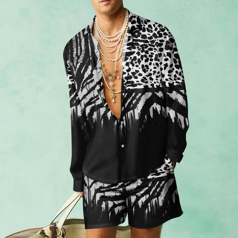 Men's slim fit polyester shirt and shorts set in colour matching pattern for summer casual wear