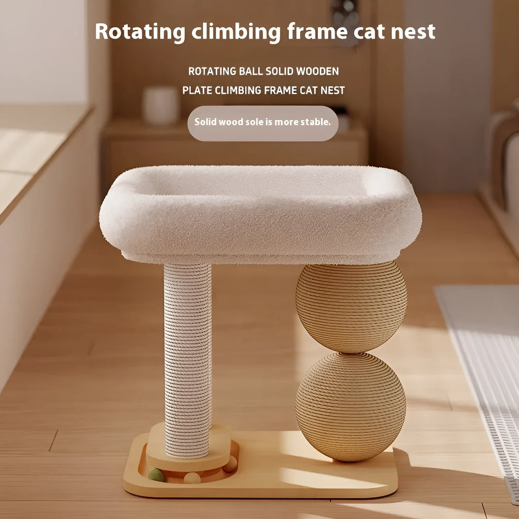 Pine wood cat nest with integrated cat grasping balls in sisal, chamfered, or mat style options