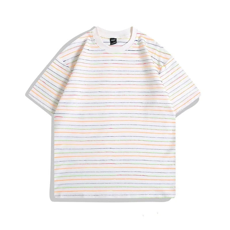 Men's loose fit half sleeve round neck T-shirt in apricot colour with Asian sizing label