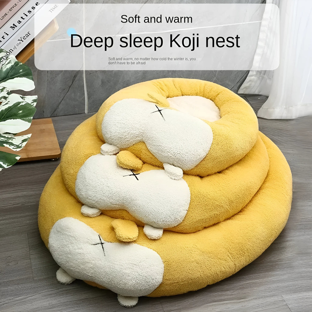 Corgi shaped soft plush pet bed for dogs and cats on a white background