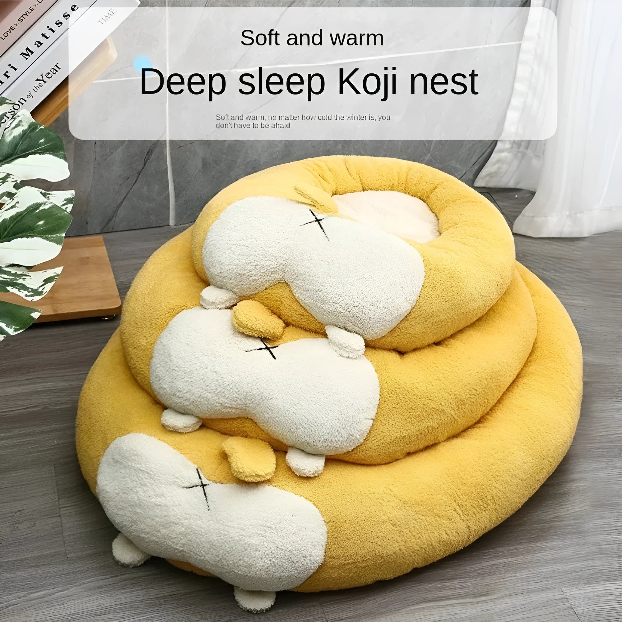 Corgi shaped soft plush pet bed for dogs and cats on a white background