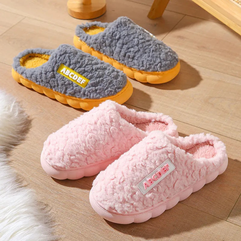 New Letter indoor non-slip thick-soled fur slippers in beige, plush upper, round toe, PVC sole, flat heel