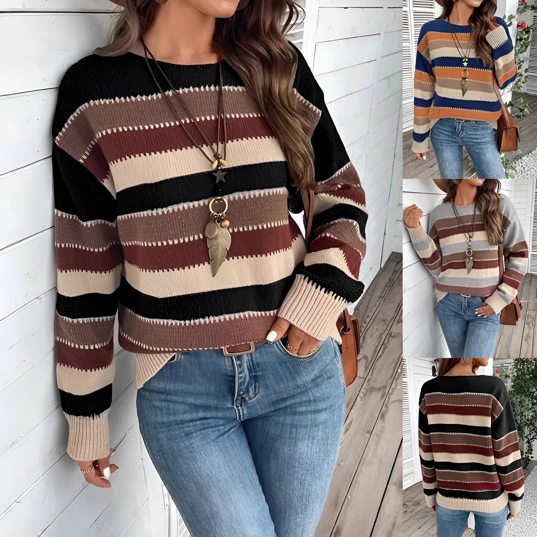 Women's colourblock striped polyester pullover sweater with long sleeves in black, blue and grey options